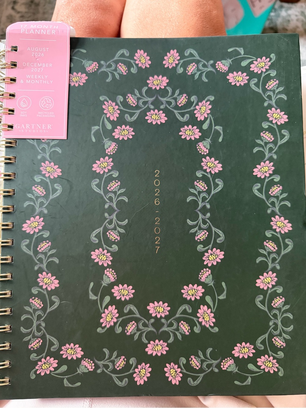 Gartner Studios Dark Green Planner with Pink Floral Design